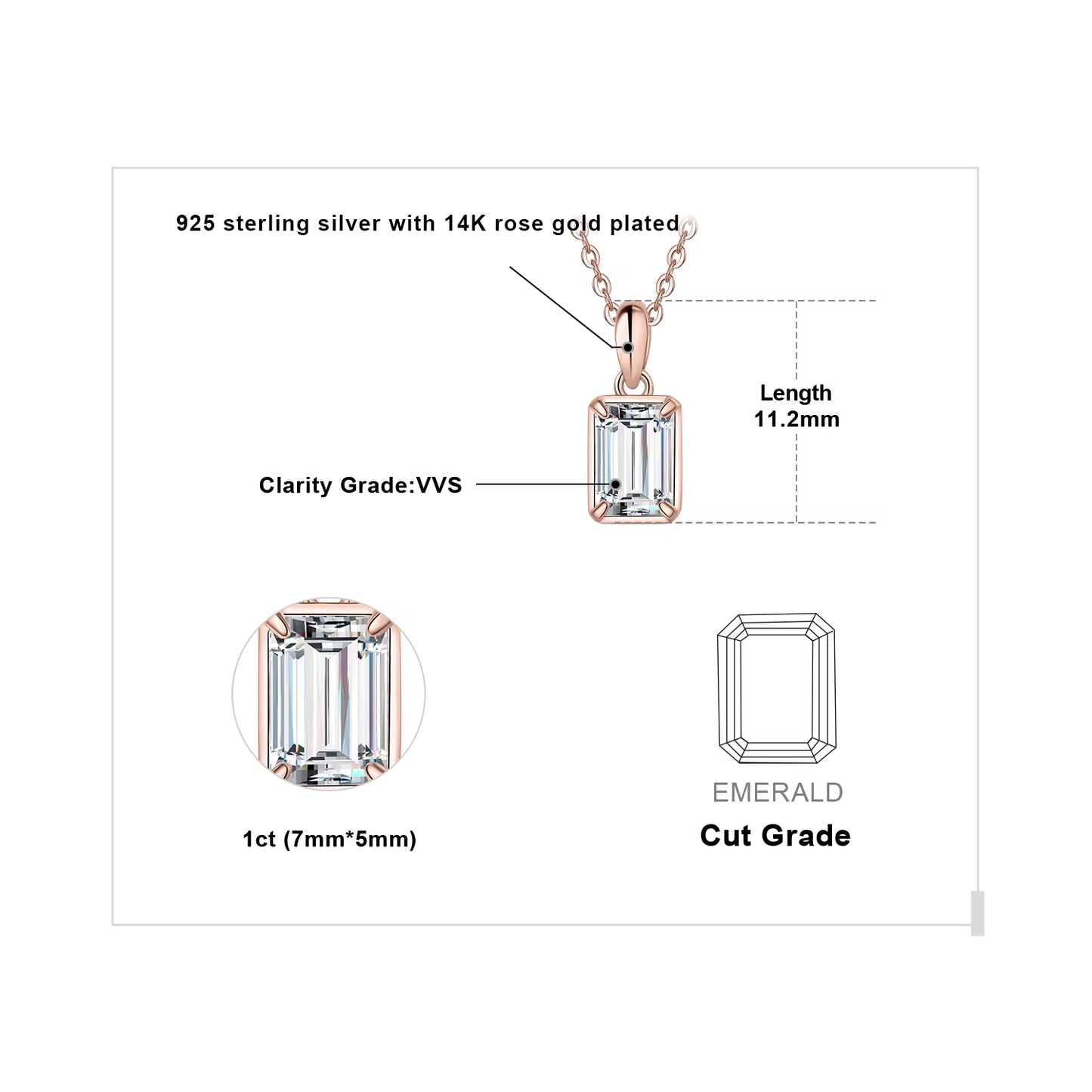 Exquisite 1Ct D Color Emerald Cut Moissanite Pendant Necklace in 925 Sterling Silver - Perfect Gift for Women - Yellow Rose Gold Plated (Chain Not Included)
