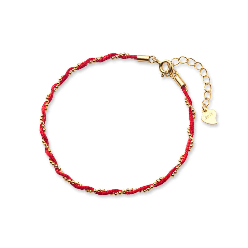 Elegant Red Rope Beads Bracelet for Women - Exquisite Adjustable 925 Sterling Silver Geometric Link Chain Fine Jewelry
