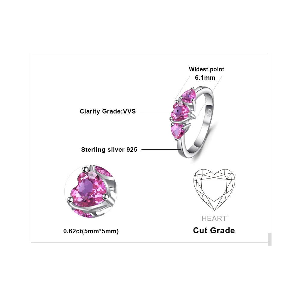 Enchanting Love Heart 1.2Ct Created Pink Sapphire 925 Sterling Silver Three Stone Engagement and Wedding Ring for Women