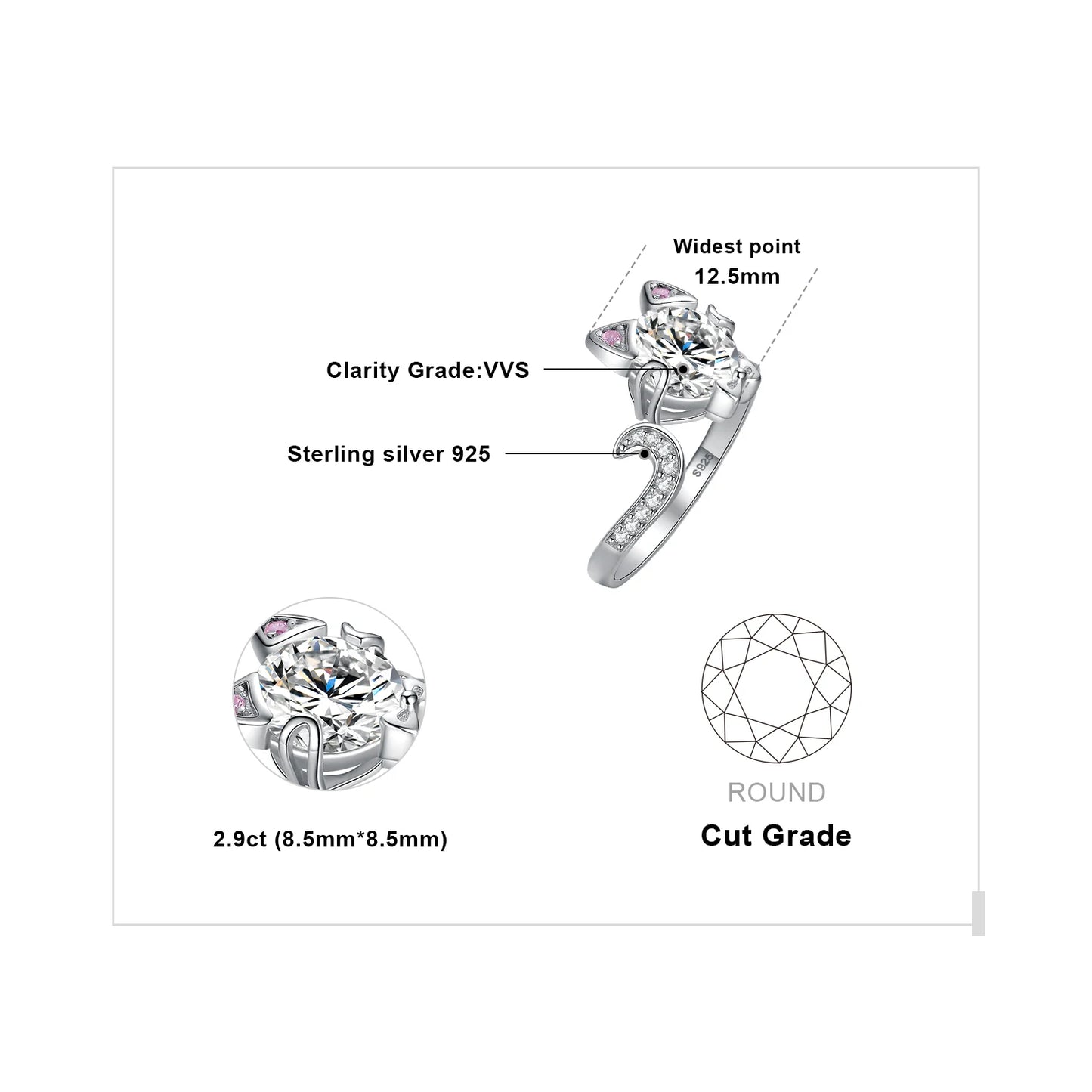 Exquisite 3Ct Love Cat Round Gemstone Adjustable Ring in 925 Sterling Silver for Women - Perfect for Any Occasion