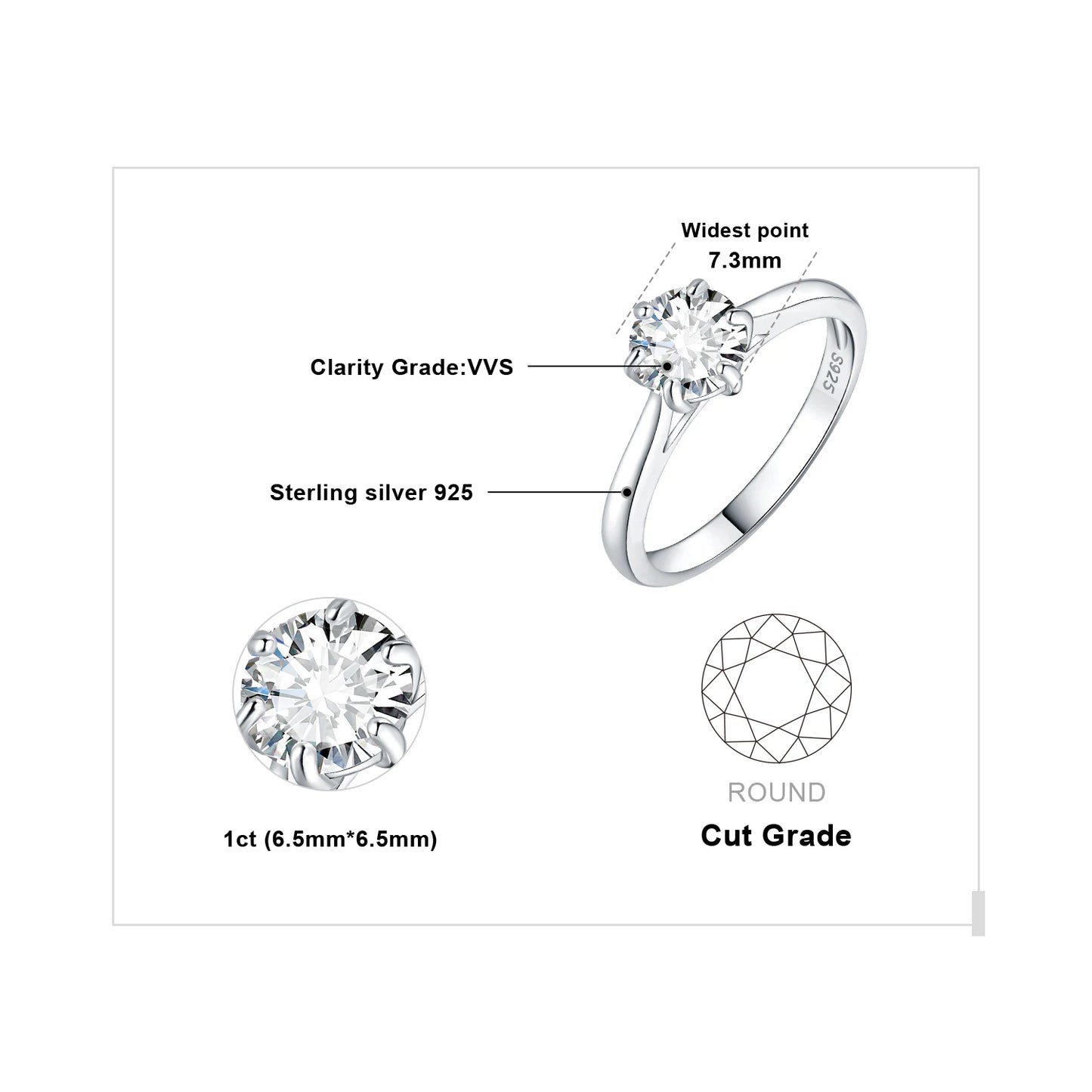 Exquisite Moissanite D Color Solitaire Round Cut Engagement and Wedding Ring in S925 Sterling Silver - Available in 0.5Ct, 1Ct, 1.5Ct, and 2Ct for Women