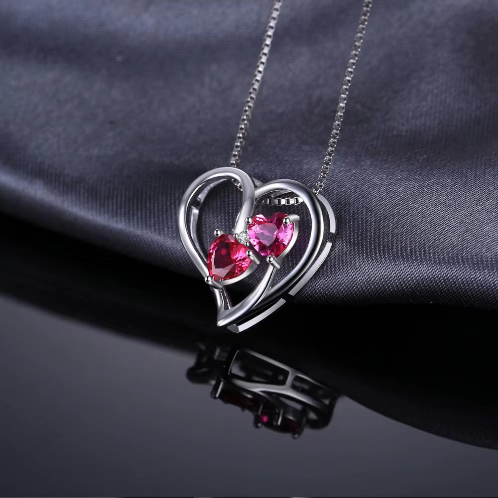 Love Heart Pendant Necklace with 1.2Ct Created Ruby and Pink Sapphire in 925 Sterling Silver - Ideal Gift for Women
