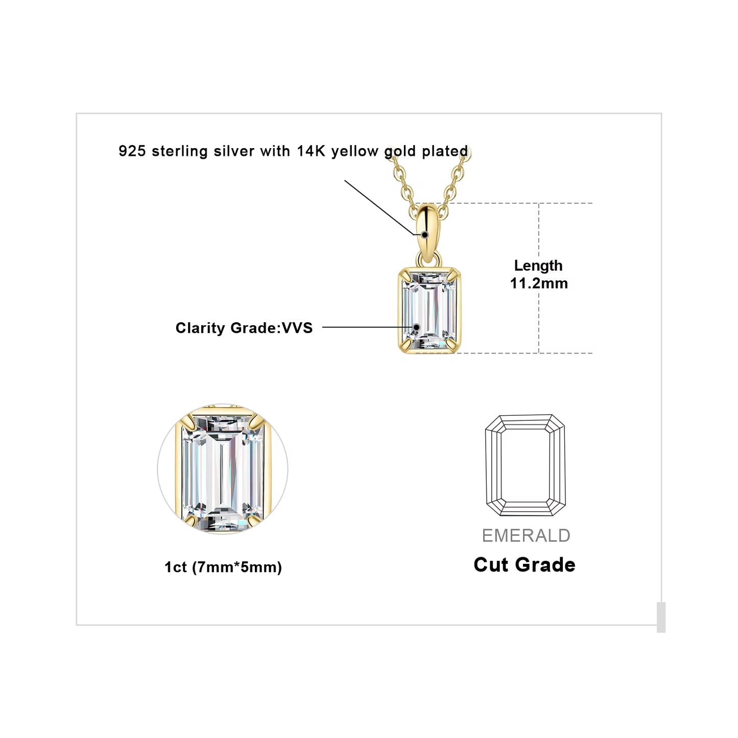 Exquisite 1Ct D Color Emerald Cut Moissanite Pendant Necklace in 925 Sterling Silver - Perfect Gift for Women - Yellow Rose Gold Plated (Chain Not Included)