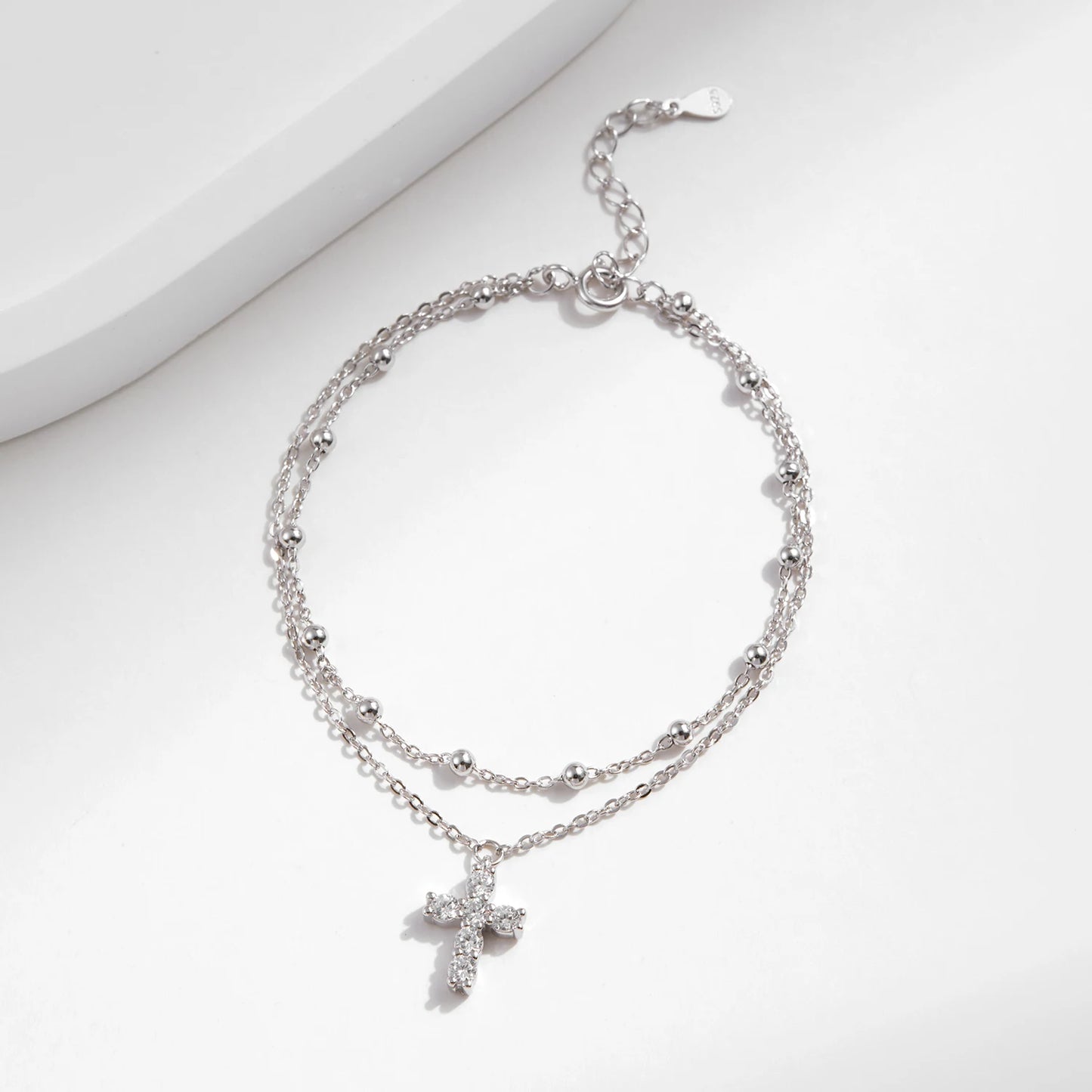 Stunning Double Layer Link Chain Bracelet with Exquisite Cross CZ Design in 925 Sterling Silver for Women - Perfect for Elegant Occasions