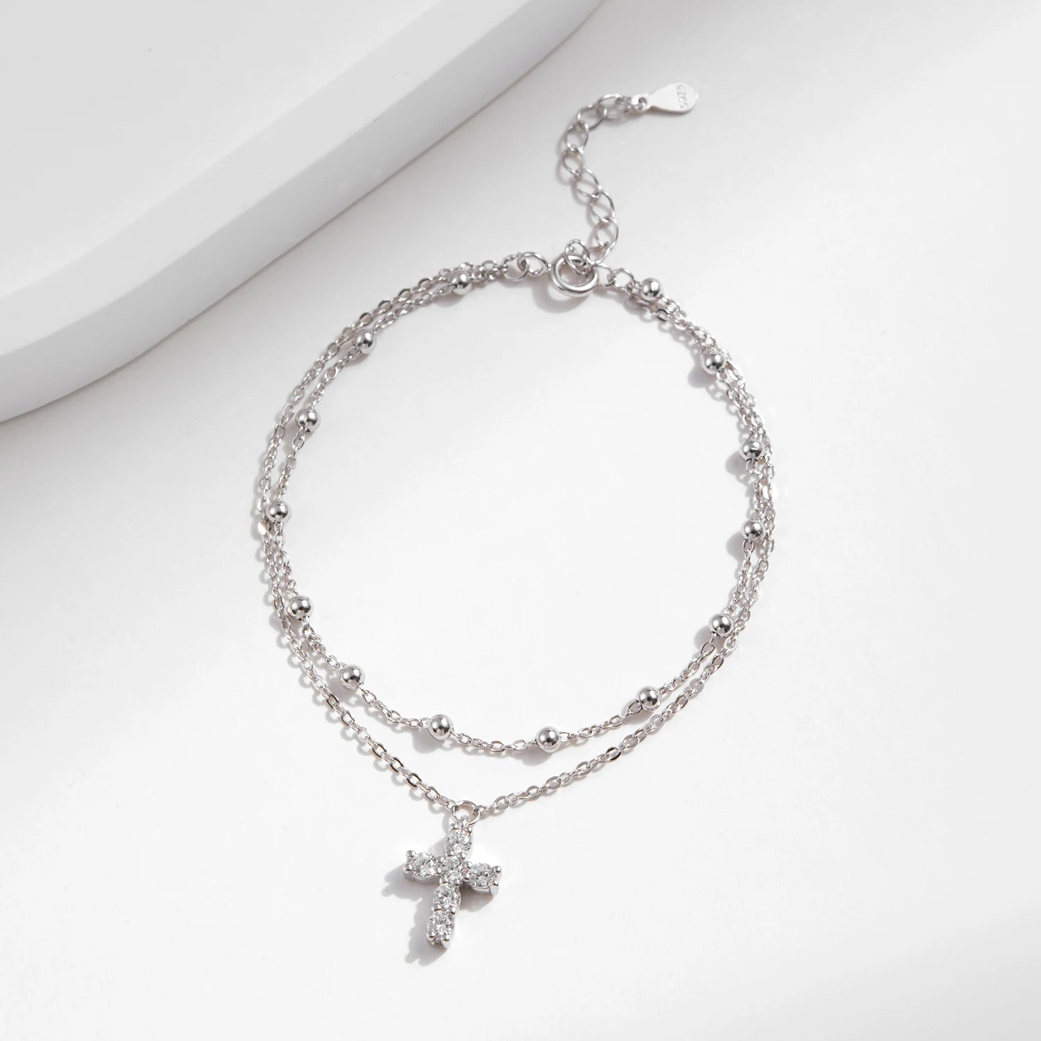 Stunning Double Layer Link Chain Bracelet with Exquisite Cross CZ Design in 925 Sterling Silver for Women - Perfect for Elegant Occasions