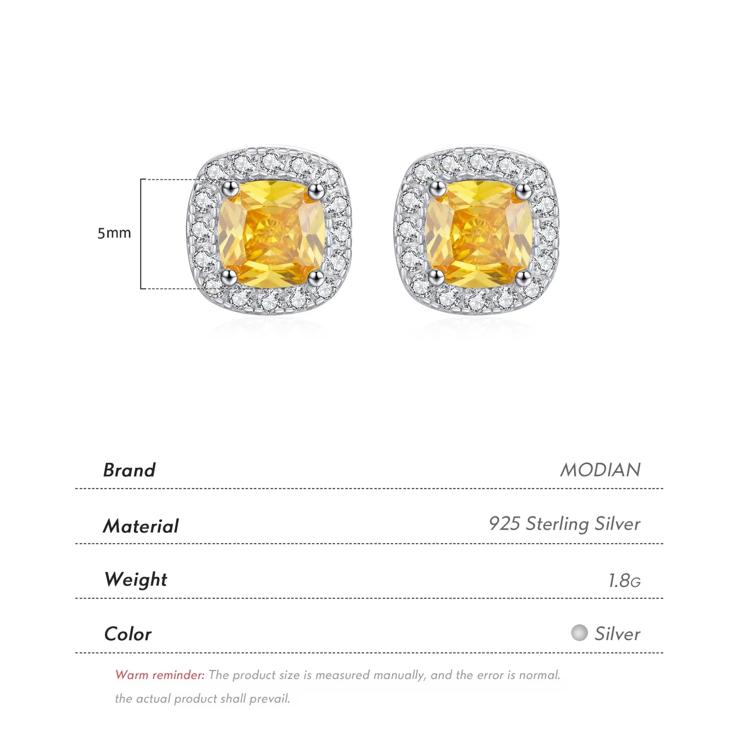 Yellow Sparkling Cubic Zirconia Platinum Plated Stud Earrings 925 Sterling Silver Earrings for Women Wedding Jewelry
