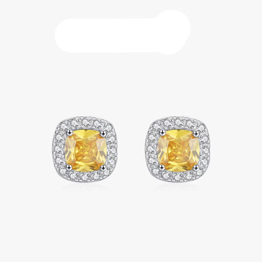 Yellow Sparkling Cubic Zirconia Platinum Plated Stud Earrings 925 Sterling Silver Earrings for Women Wedding Jewelry