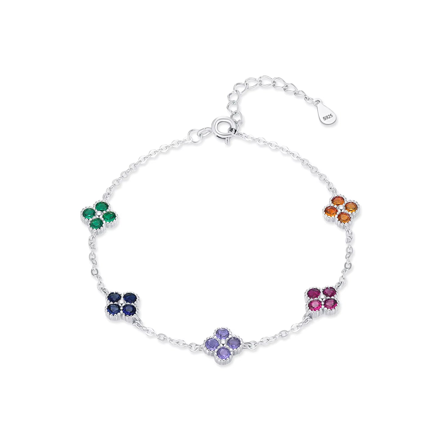 Exquisite 925 Sterling Silver Four Leaf Clover Bracelet Adorned with Colorful Zirconia for Women - A Trendy and Elegant Fashion Accessory