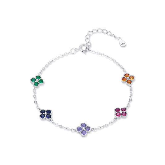Exquisite 925 Sterling Silver Four Leaf Clover Bracelet Adorned with Colorful Zirconia for Women - A Trendy and Elegant Fashion Accessory