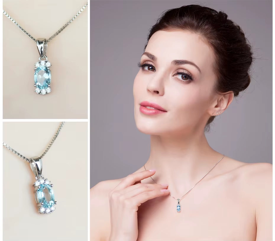 Stunning Natural Oval Sky Blue Topaz Pendant Necklace in Solid 925 Sterling Silver - Elegant Fine Jewelry for Women