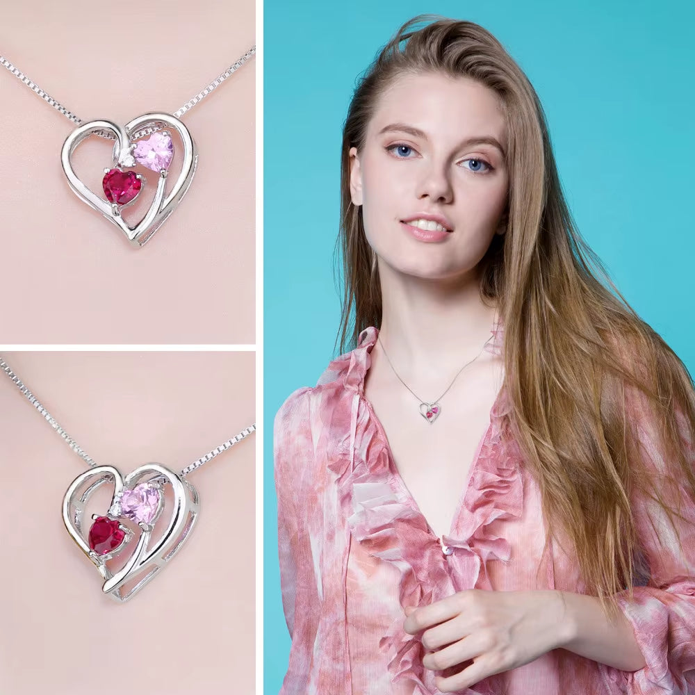 Love Heart Pendant Necklace with 1.2Ct Created Ruby and Pink Sapphire in 925 Sterling Silver - Ideal Gift for Women