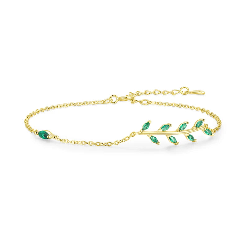 Exquisite 925 Sterling Silver Adjustable Link Bracelets Adorned with Green Zircon and Crystal Leaves - Perfect for Women’s Fashion and Weddings
