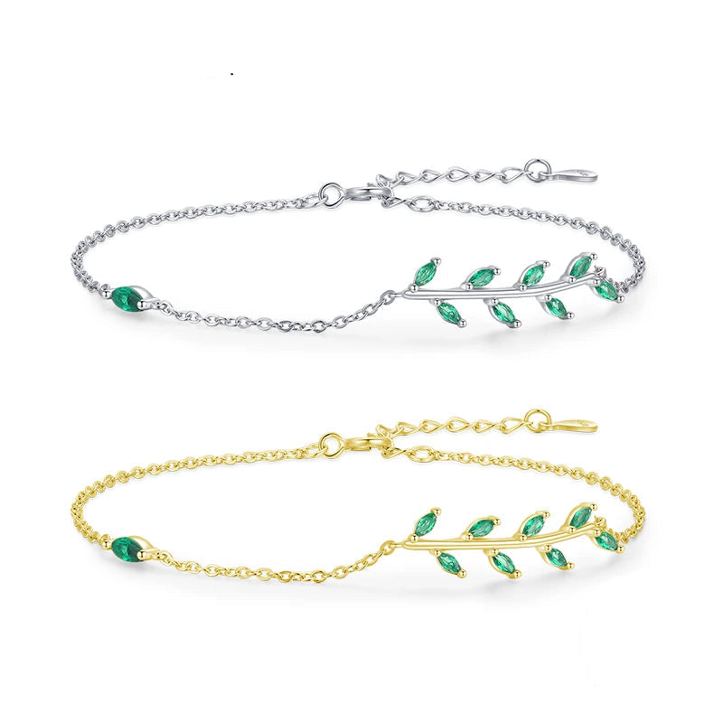 Exquisite 925 Sterling Silver Adjustable Link Bracelets Adorned with Green Zircon and Crystal Leaves - Perfect for Women’s Fashion and Weddings