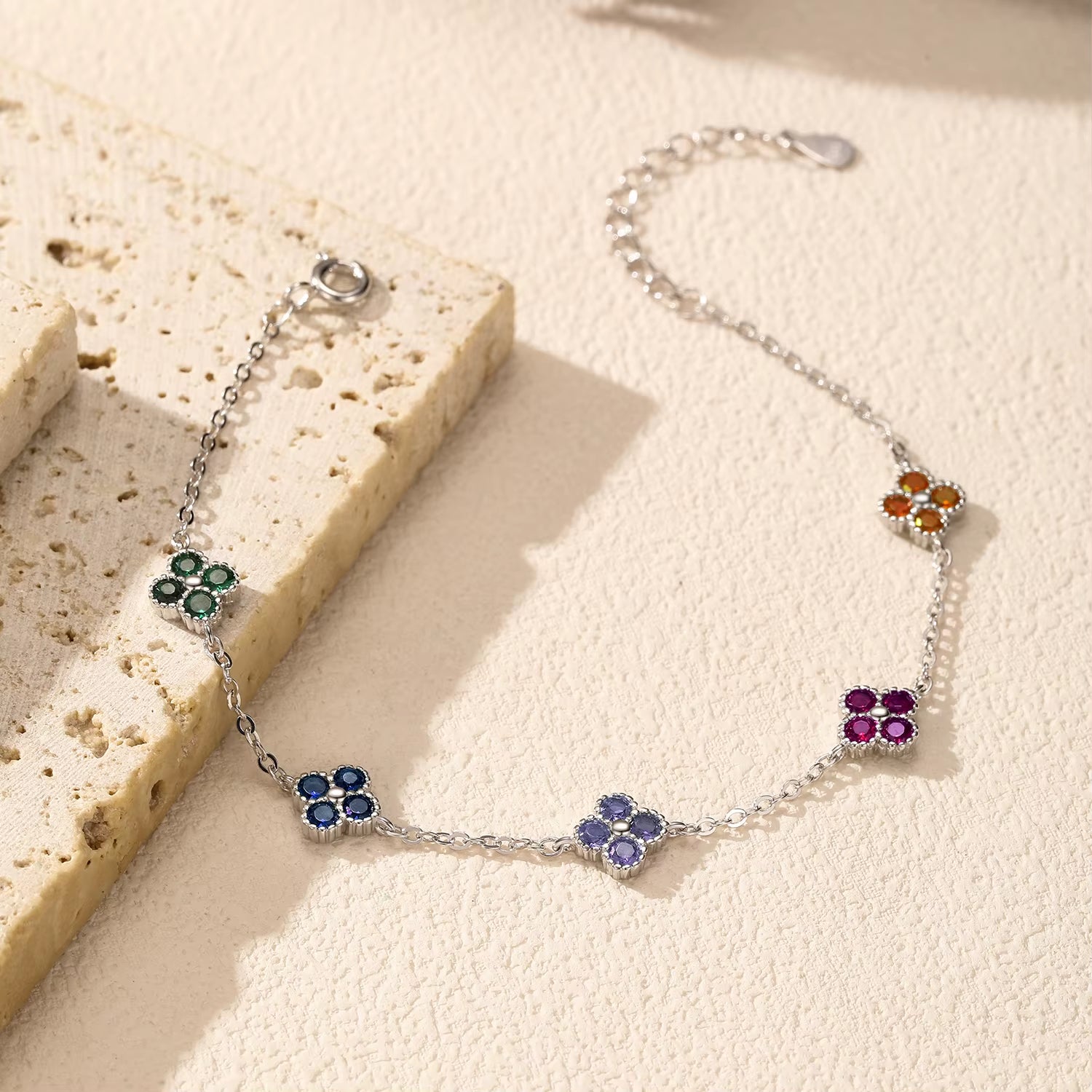 Exquisite 925 Sterling Silver Four Leaf Clover Bracelet Adorned with Colorful Zirconia for Women - A Trendy and Elegant Fashion Accessory