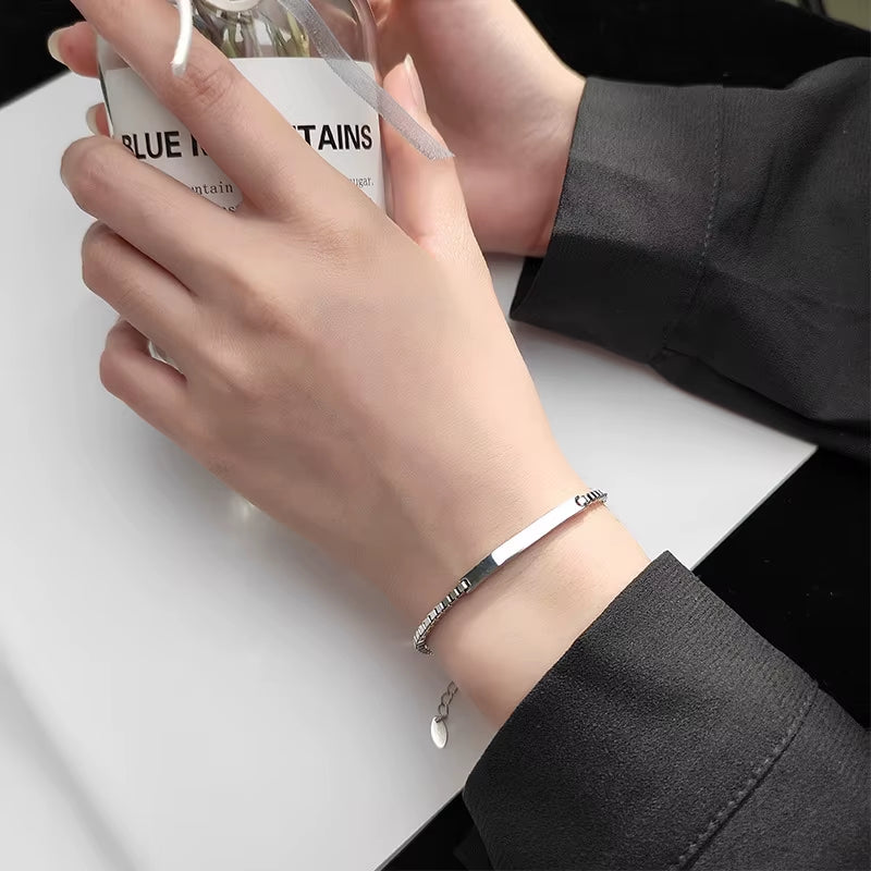 Elegant 925 Sterling Silver Geometric Rectangle Bracelet for Women - Trendy Box Chain Bangle in Japanese Style Fine Jewelry