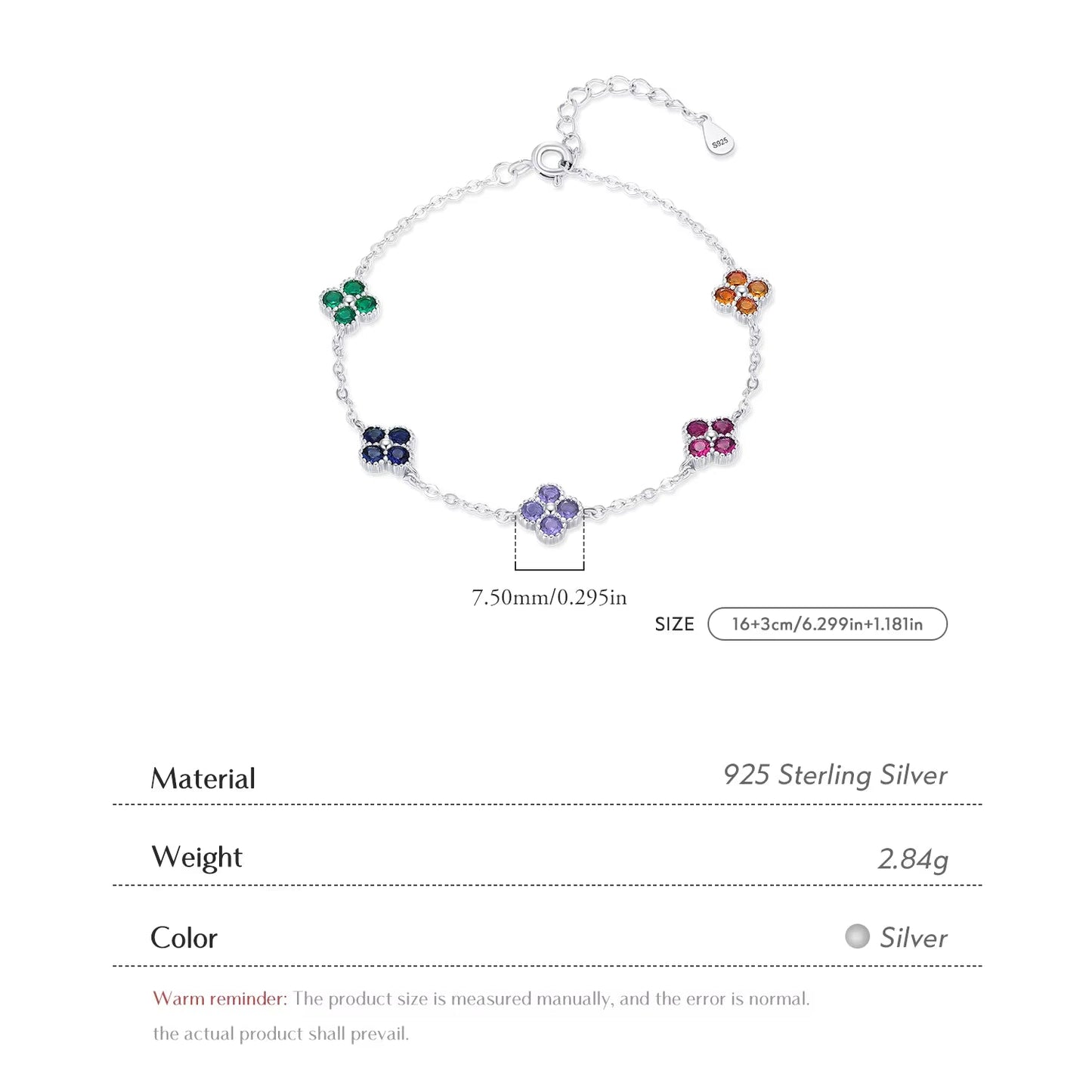 Exquisite 925 Sterling Silver Four Leaf Clover Bracelet Adorned with Colorful Zirconia for Women - A Trendy and Elegant Fashion Accessory