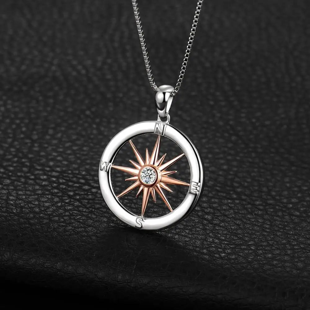 Dazzling Sun Star Compass Circle Pendant Necklace in 925 Sterling Silver with Elegant Rose Gold Finish - Perfect Gift for Women!