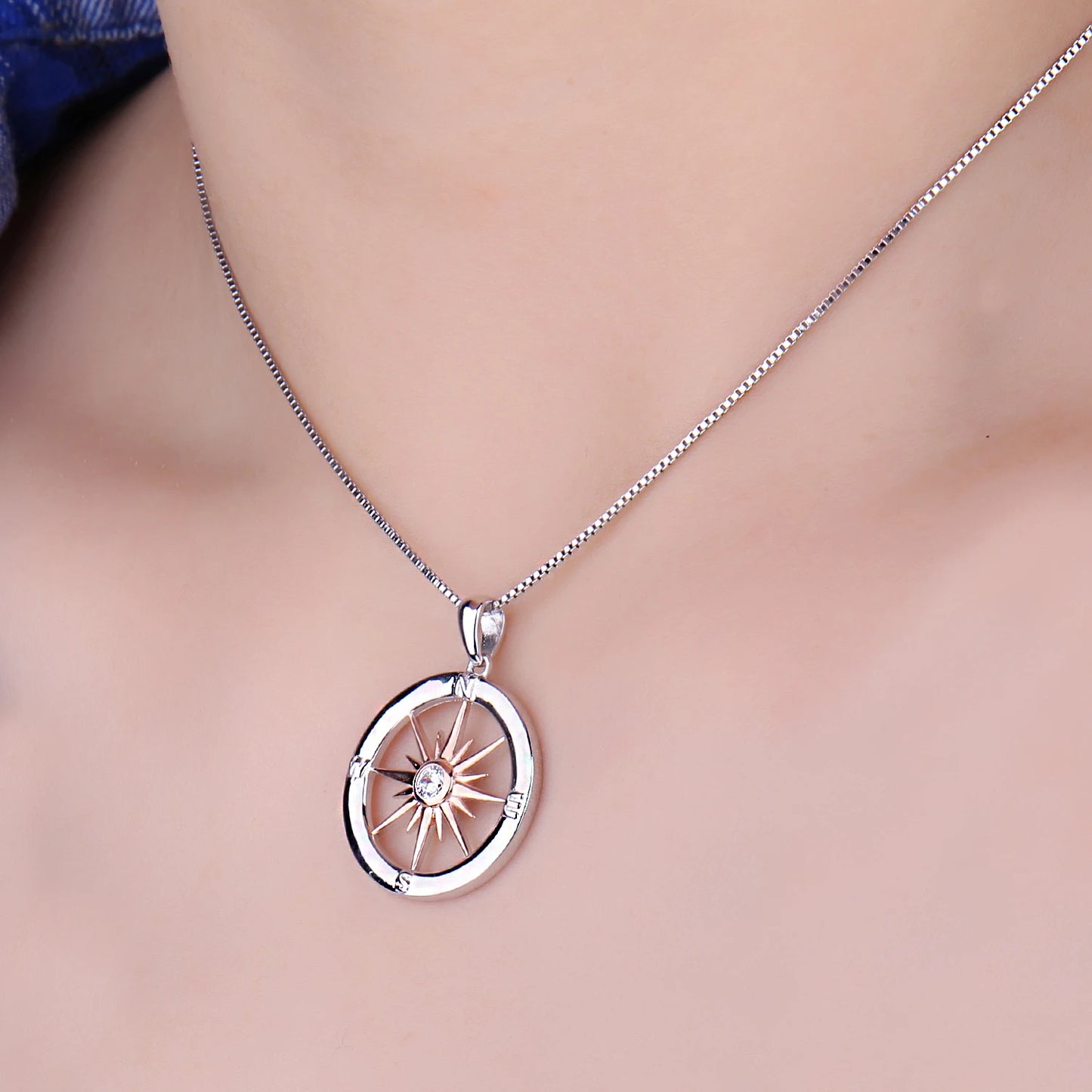 Dazzling Sun Star Compass Circle Pendant Necklace in 925 Sterling Silver with Elegant Rose Gold Finish - Perfect Gift for Women!2