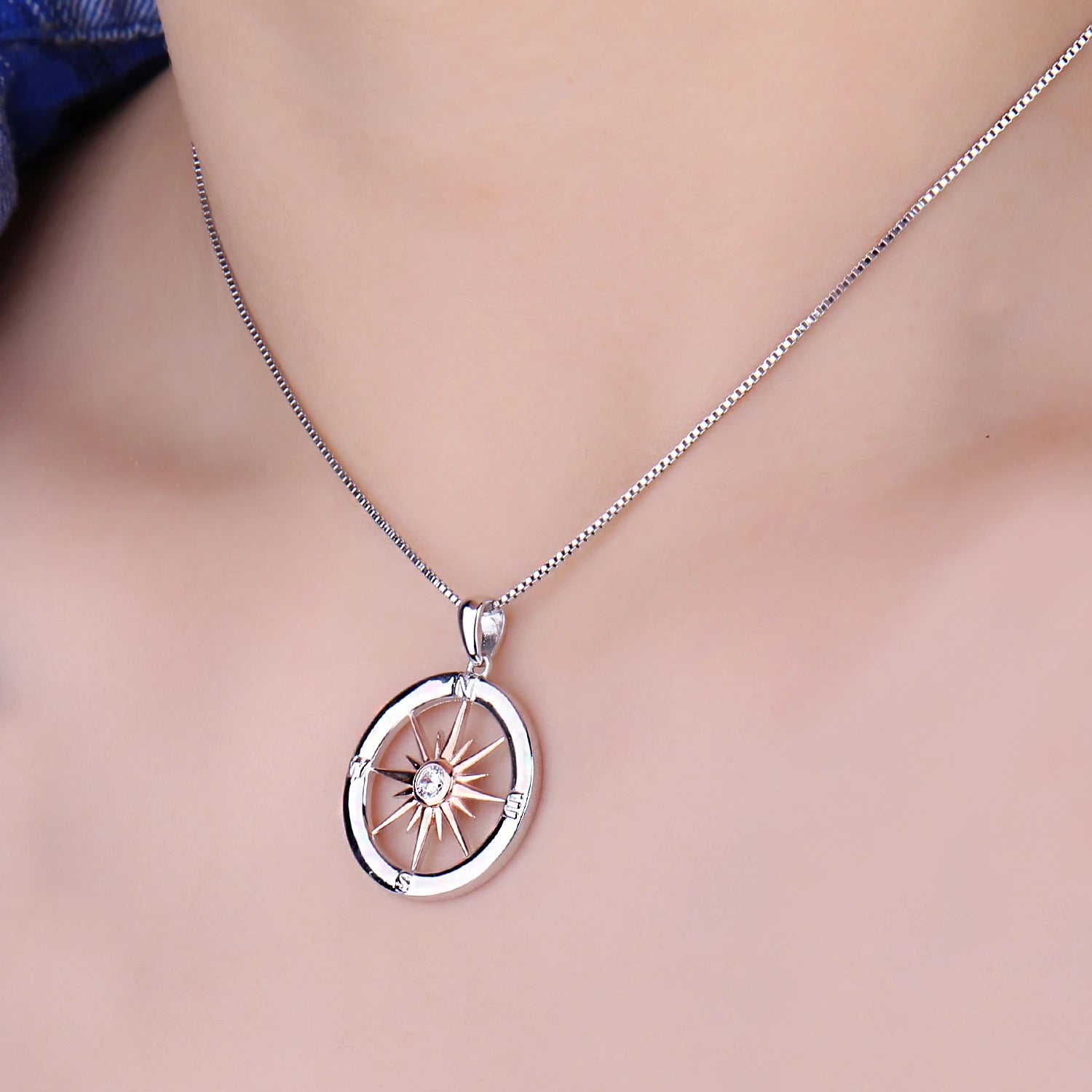 Dazzling Sun Star Compass Circle Pendant Necklace in 925 Sterling Silver with Elegant Rose Gold Finish - Perfect Gift for Women!2