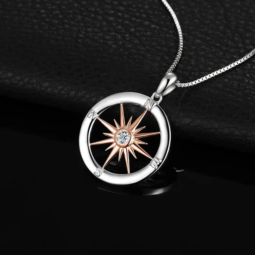 Dazzling Sun Star Compass Circle Pendant Necklace in 925 Sterling Silver with Elegant Rose Gold Finish - Perfect Gift for Women!3