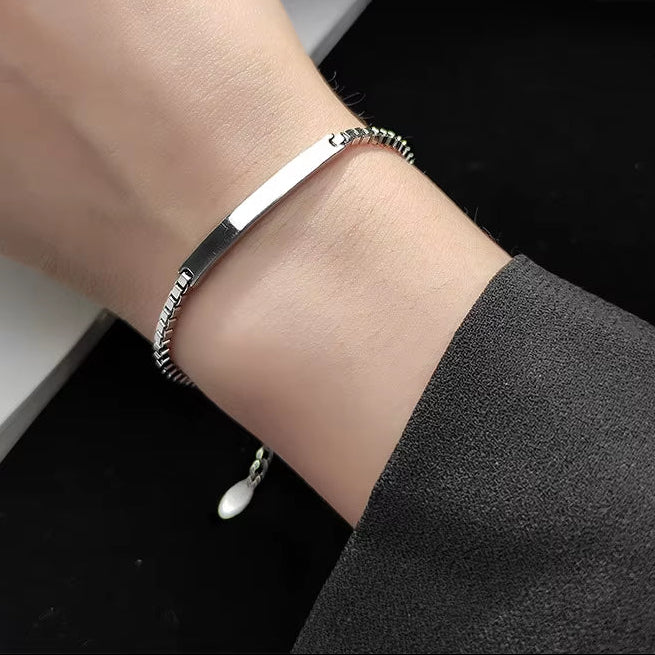 Elegant 925 Sterling Silver Geometric Rectangle Bracelet for Women - Trendy Box Chain Bangle in Japanese Style Fine Jewelry