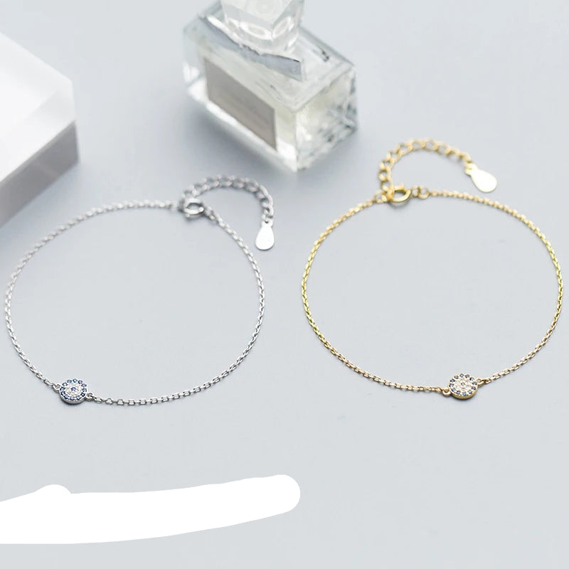 Exquisite Round Eyes Chain Bracelet in 100% Authentic 925 Sterling Silver Featuring Blue Crystal Accents - A Stunning Fashion Accessory for Women and Girls