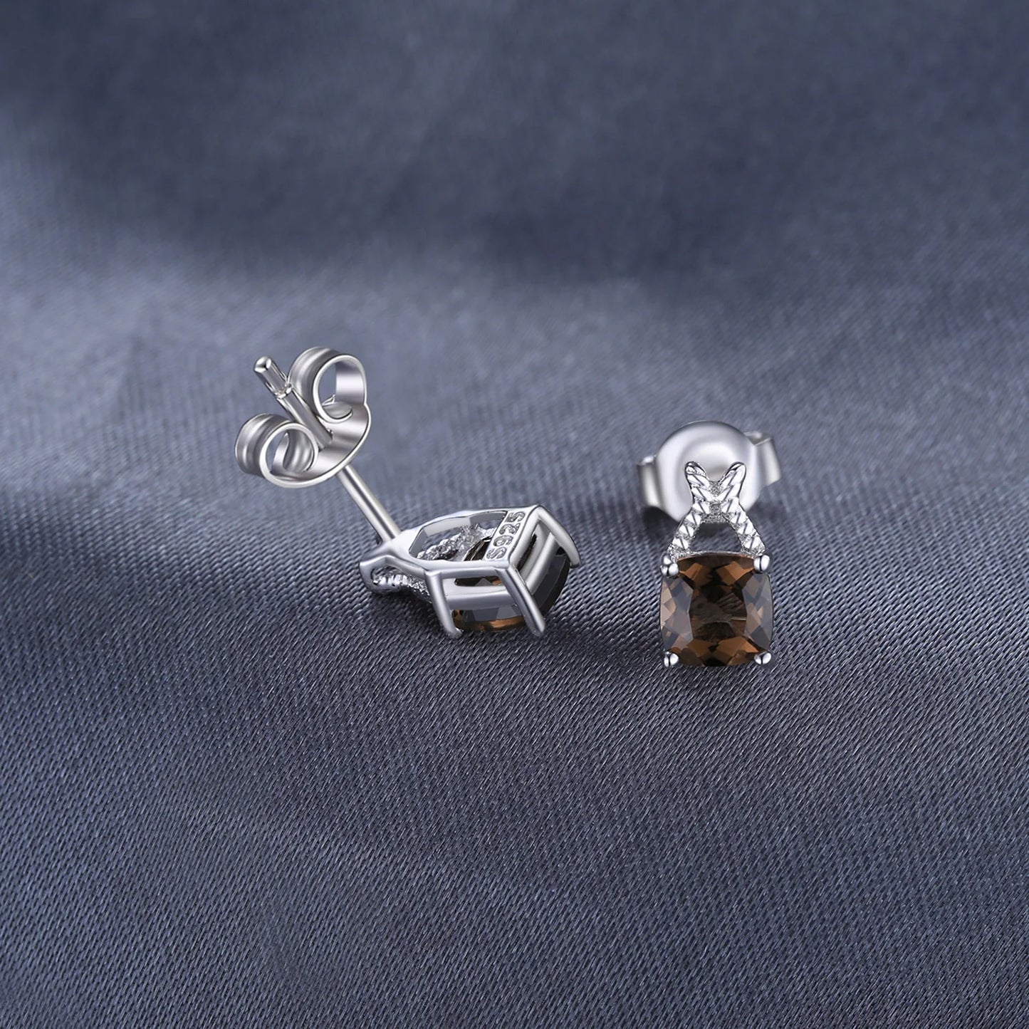 Exquisite 1Ct Genuine Smoky Quartz Square Stud Earrings in 925 Sterling Silver for Elegant Women