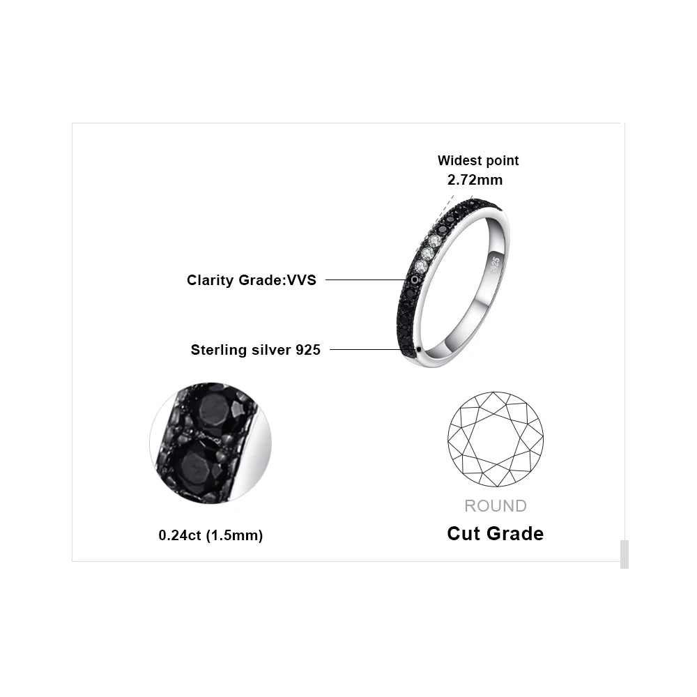 Elegant Natural Black Spinel and 925 Sterling Silver Wedding Band Ring for Women - Trendy Stackable Fine Jewelry Gift