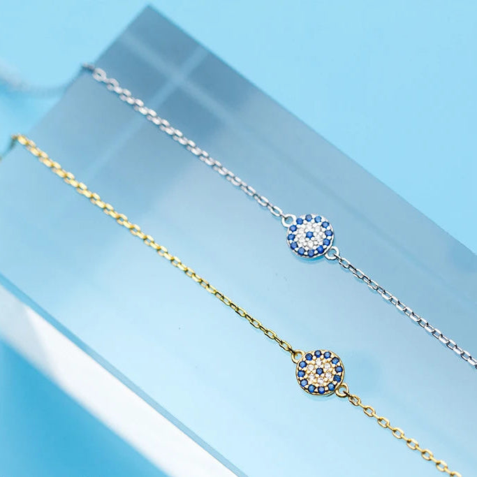 Exquisite Round Eyes Chain Bracelet in 100% Authentic 925 Sterling Silver Featuring Blue Crystal Accents - A Stunning Fashion Accessory for Women and Girls