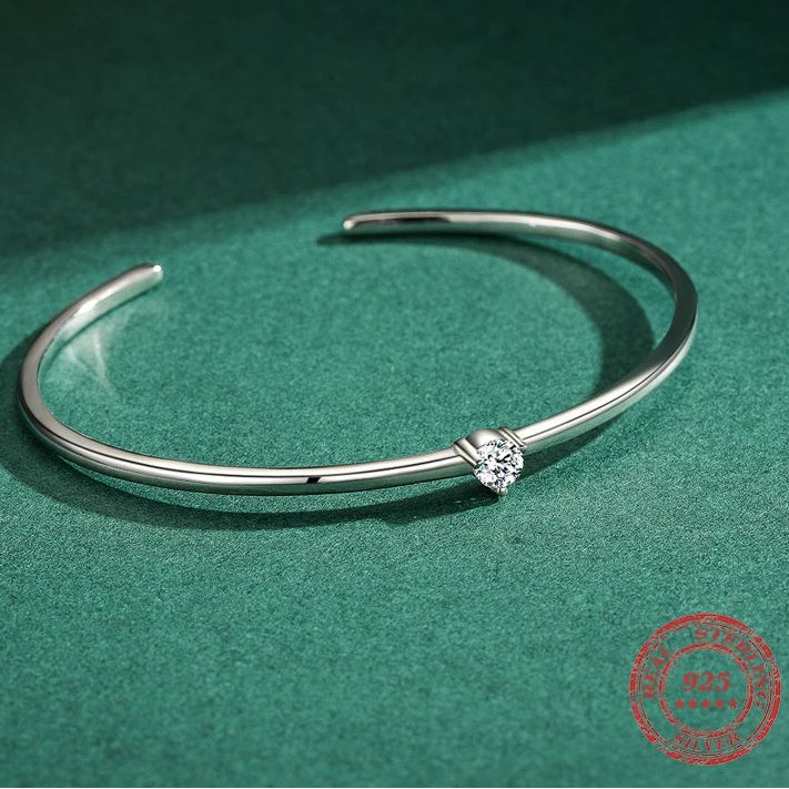 Exquisite 100% Real 925 Sterling Silver Round Clear Ten Heart CZ Open Bracelet - Adjustable Bangle for Women - A Luxurious Gift for Special Occasions