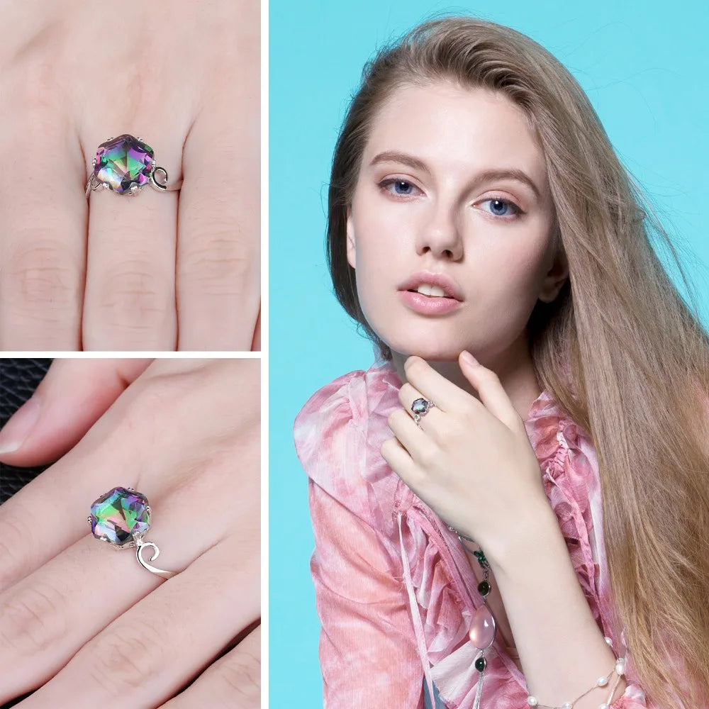 Stunning Flower-Inspired Rainbow Mystic Quartz Cocktail Ring in 925 Sterling Silver for Women - A Statement of Elegance in Fine Jewelry