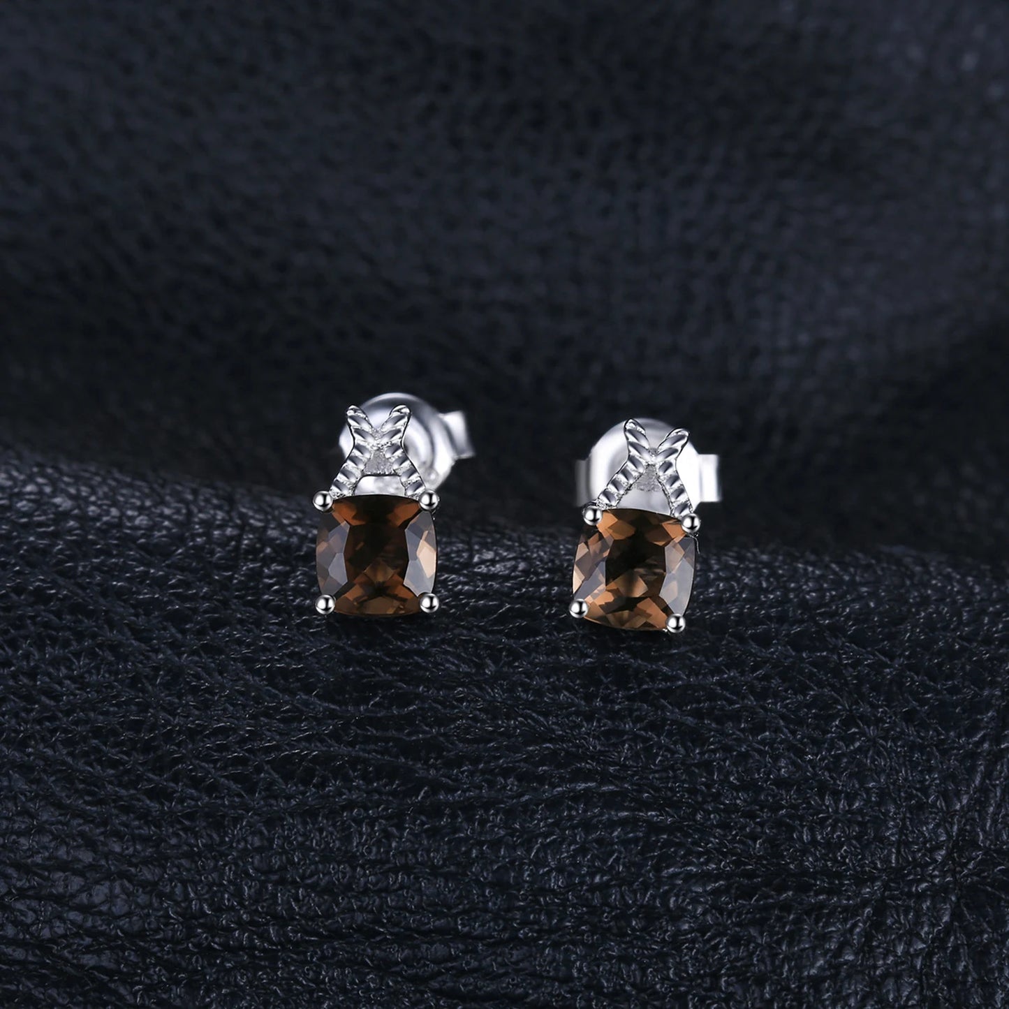Exquisite 1Ct Genuine Smoky Quartz Square Stud Earrings in 925 Sterling Silver for Elegant Women