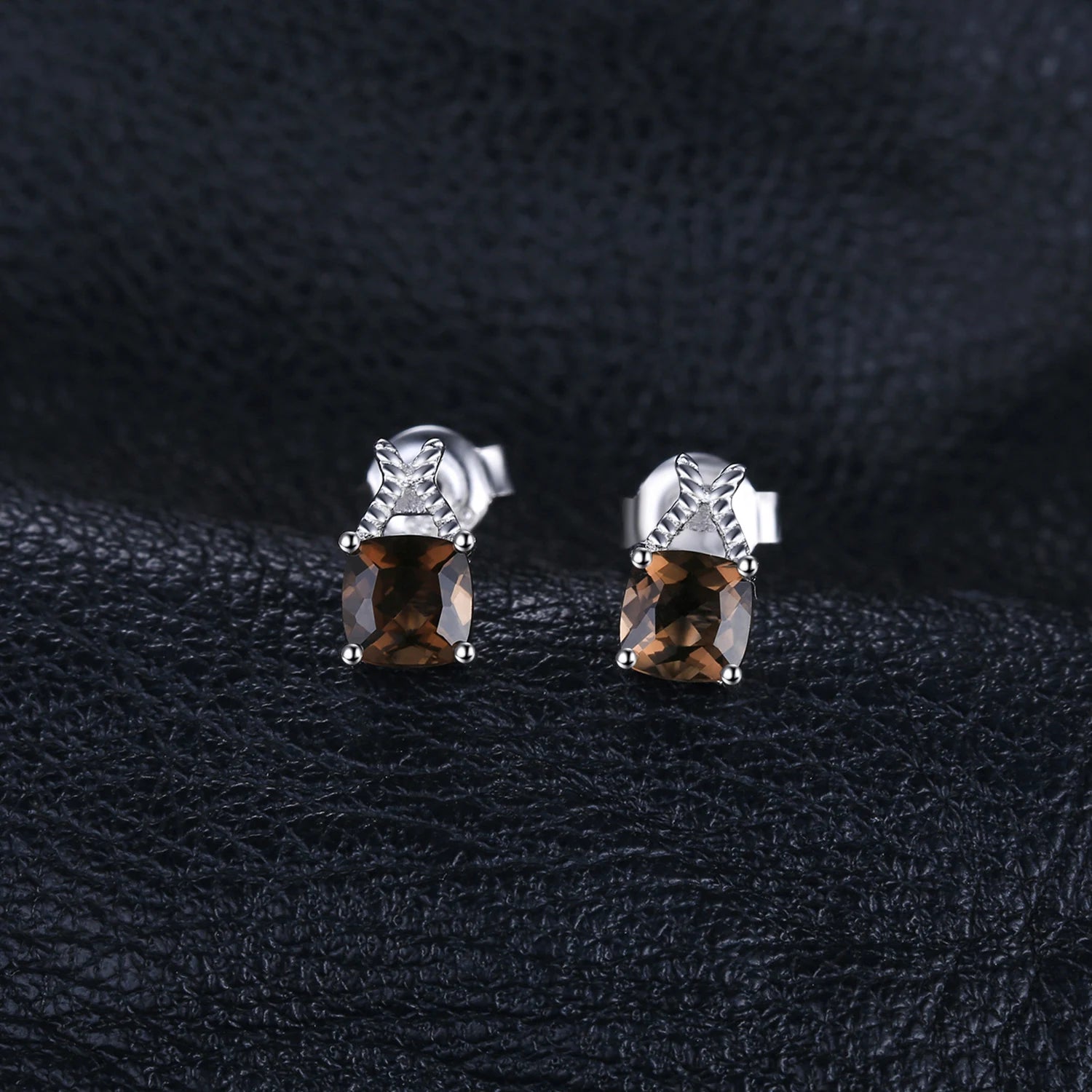 Exquisite 1Ct Genuine Smoky Quartz Square Stud Earrings in 925 Sterling Silver for Elegant Women