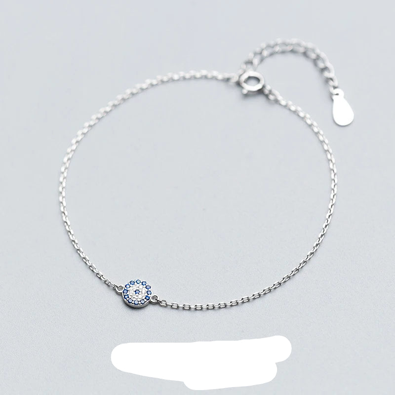 Exquisite Round Eyes Chain Bracelet in 100% Authentic 925 Sterling Silver Featuring Blue Crystal Accents - A Stunning Fashion Accessory for Women and Girls