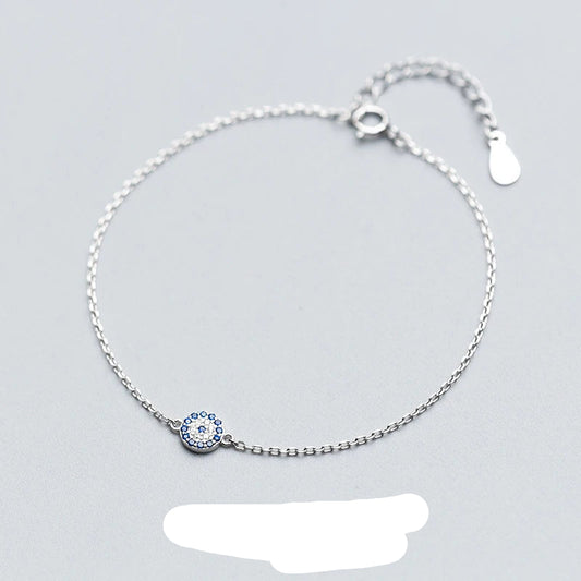 Exquisite Round Eyes Chain Bracelet in 100% Authentic 925 Sterling Silver Featuring Blue Crystal Accents - A Stunning Fashion Accessory for Women and Girls