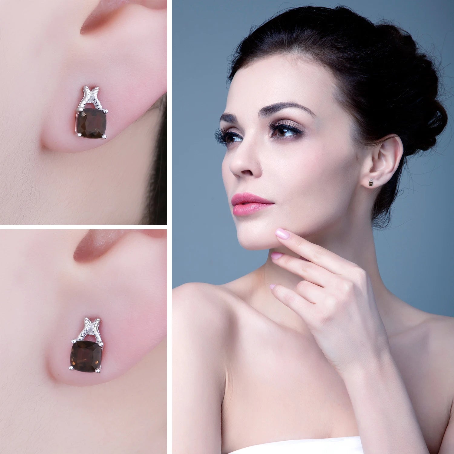 Exquisite 1Ct Genuine Smoky Quartz Square Stud Earrings in 925 Sterling Silver for Elegant Women