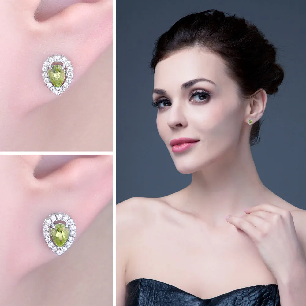 Elegant Pear-Shaped Natural Green Peridot Stud Earrings in 925 Sterling Silver for Women – Perfect Fashion Jewelry for Any Occasion
