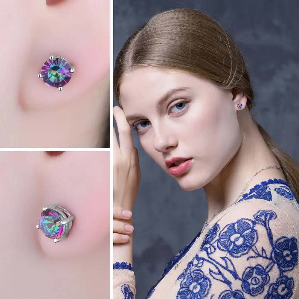 Exquisite Round Genuine Rainbow Mystic Quartz Stud Earrings in 925 Sterling Silver for Women - A Stunning Fashion Statement in Fine Jewelry