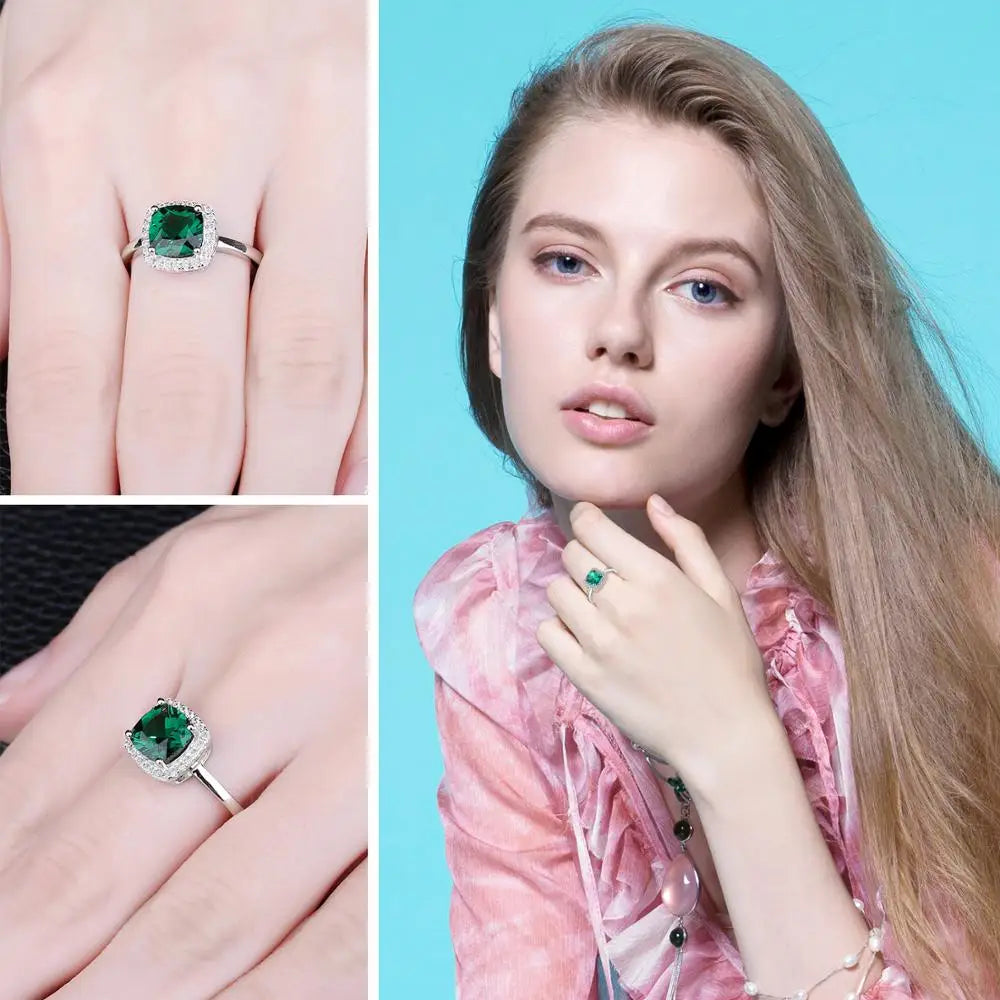 Mesmerizing Green Simulated Nano Emerald Halo Engagement Ring in 925 Sterling Silver - A Captivating Statement for Women