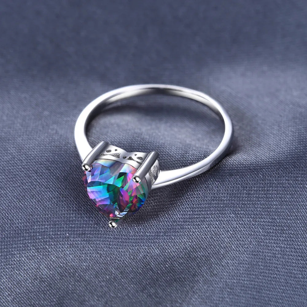 Exquisite Heart-Shaped Rainbow Mystic Quartz Solitaire Ring in 925 Sterling Silver for Women - A Colorful Gemstone Statement for Engagement and Special Occasions