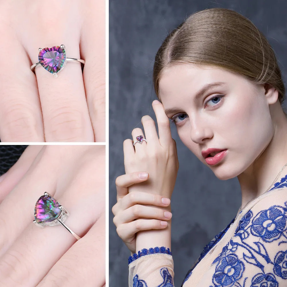 Exquisite Heart-Shaped Rainbow Mystic Quartz Solitaire Ring in 925 Sterling Silver for Women - A Colorful Gemstone Statement for Engagement and Special Occasions