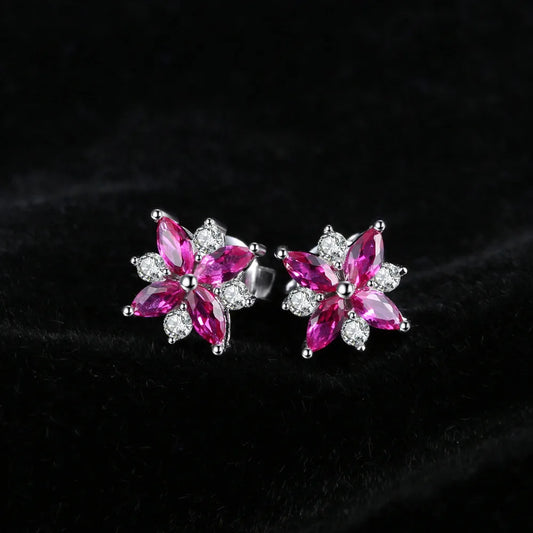 Stunning Ruby Flower Cross 925 Sterling Silver Stud Earrings - Exquisite Gemstone Jewelry for Women, Perfect Birthday Gift