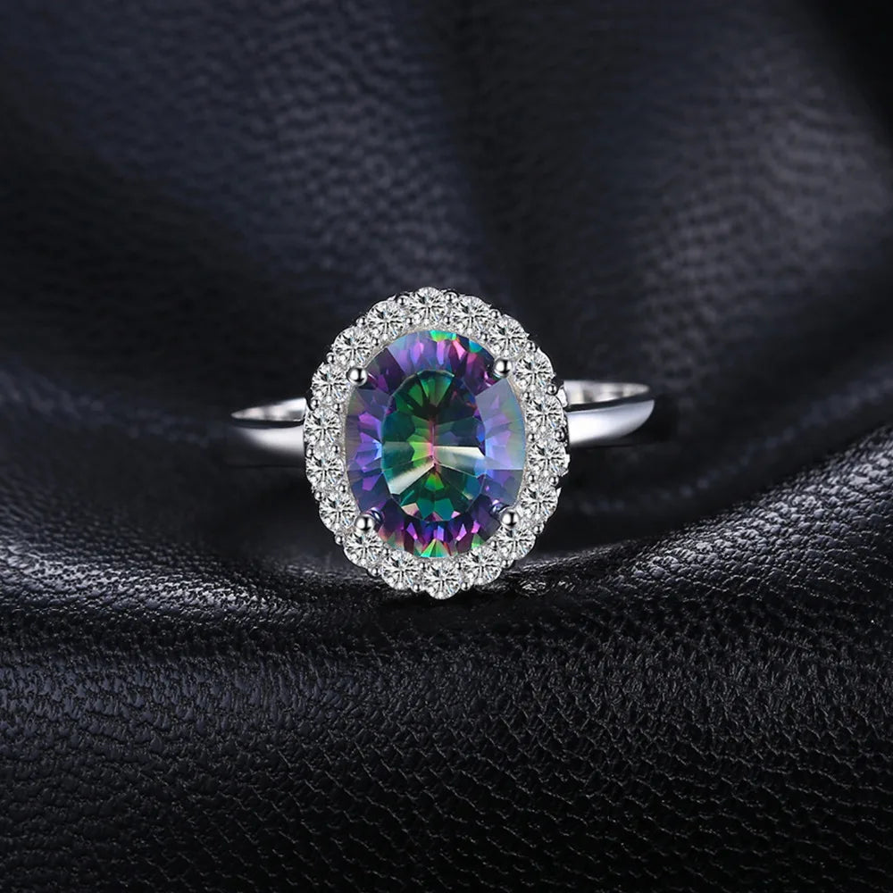 Exquisite 3.4Ct Natural Mystic Rainbow Quartz Halo Engagement Ring in 925 Sterling Silver - Perfect Gift for Women