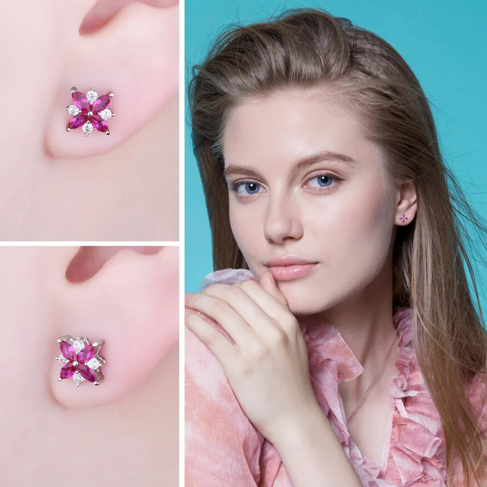 Stunning Ruby Flower Cross 925 Sterling Silver Stud Earrings - Exquisite Gemstone Jewelry for Women, Perfect Birthday Gift