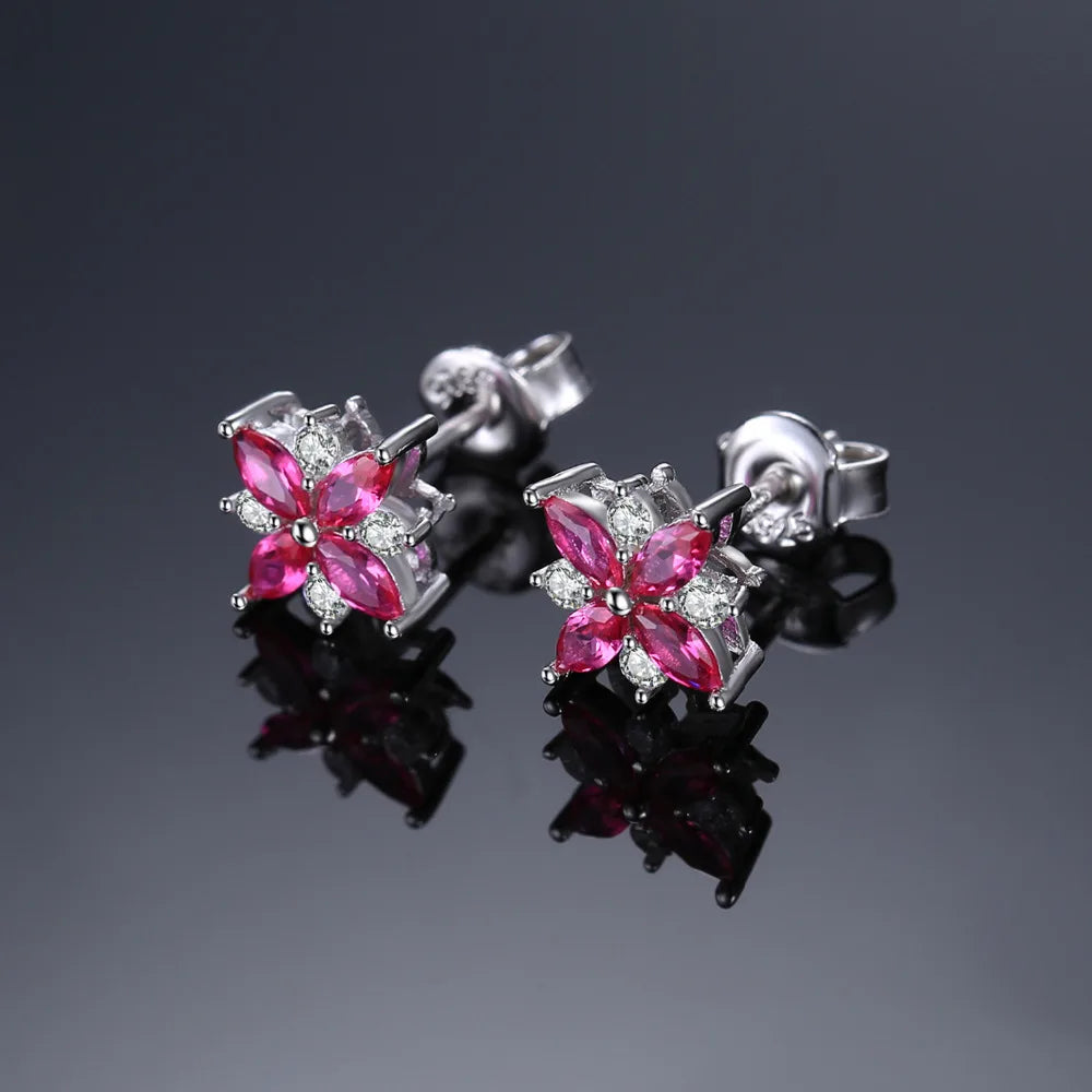 Stunning Ruby Flower Cross 925 Sterling Silver Stud Earrings - Exquisite Gemstone Jewelry for Women, Perfect Birthday Gift