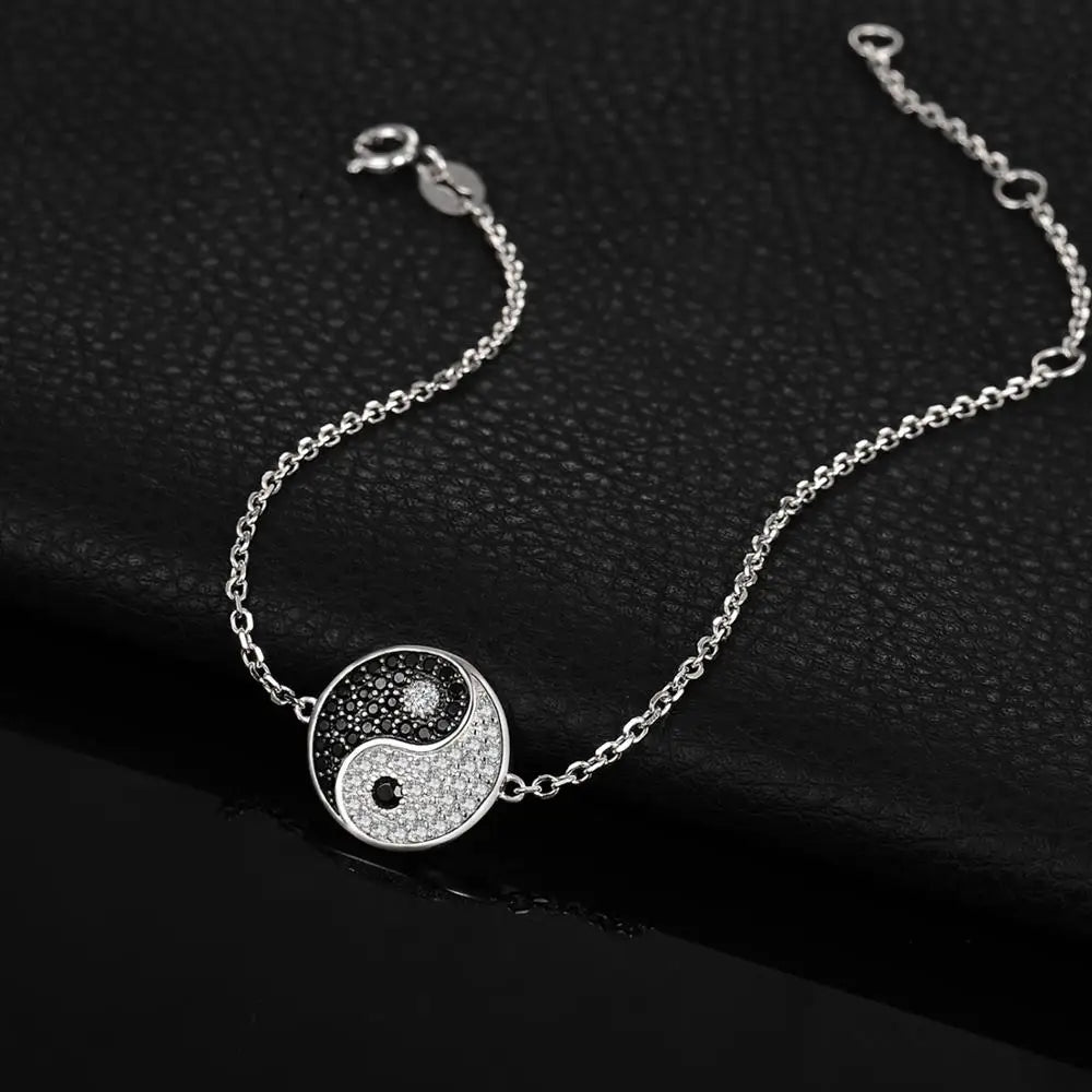 Elegant Tai Chi Yin Yang 925 Sterling Silver Chain Link Bracelet for Women Adorned with Natural Black Spinel Gemstone