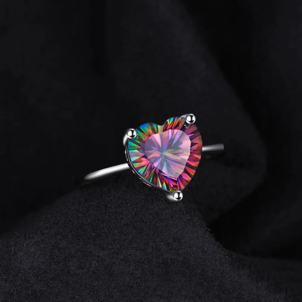 Exquisite Heart-Shaped Rainbow Mystic Quartz Solitaire Ring in 925 Sterling Silver for Women - A Colorful Gemstone Statement for Engagement and Special Occasions