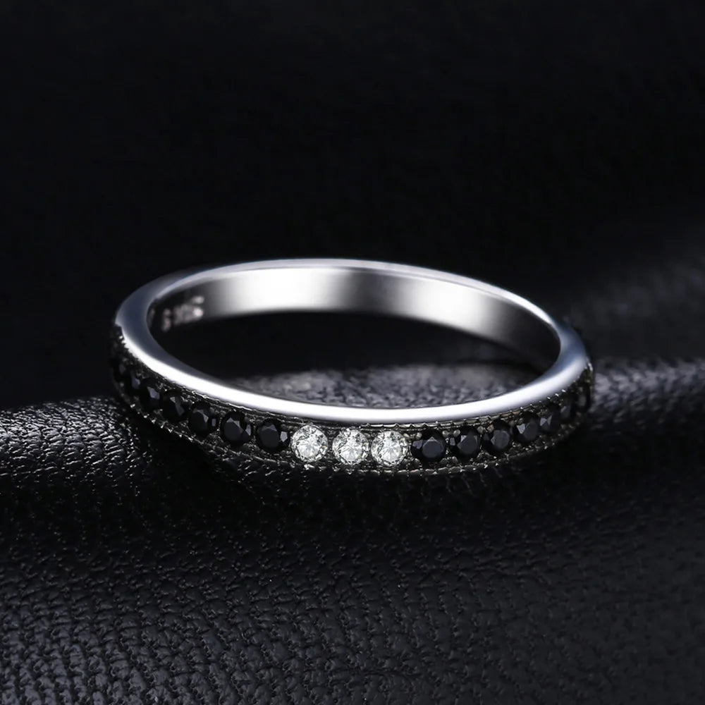Elegant Natural Black Spinel and 925 Sterling Silver Wedding Band Ring for Women - Trendy Stackable Fine Jewelry Gift