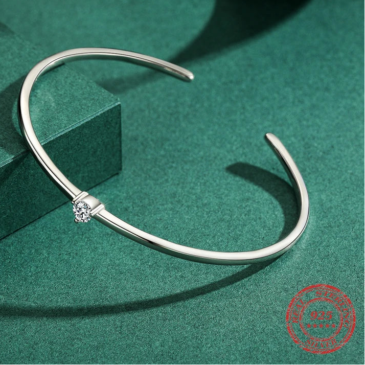 Exquisite 100% Real 925 Sterling Silver Round Clear Ten Heart CZ Open Bracelet - Adjustable Bangle for Women - A Luxurious Gift for Special Occasions