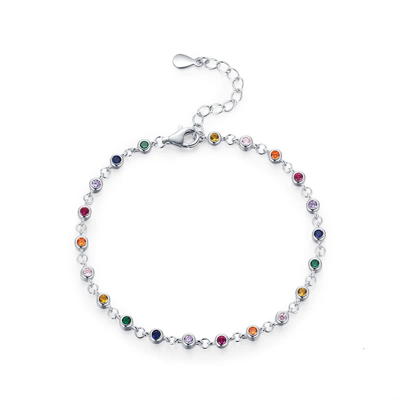 Exquisite Bohemia Style Charm Bracelet for Women in Real 925 Sterling Silver, Featuring Dazzling Rainbow CZ Stones - A Stunning Fashion Jewelry Accessory